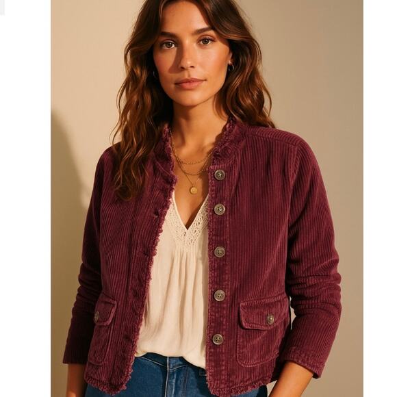 J Jill Purple Courderoy Boho Chic Jacket With Ruffle Hem Effortless Style - Picture 1 of 12